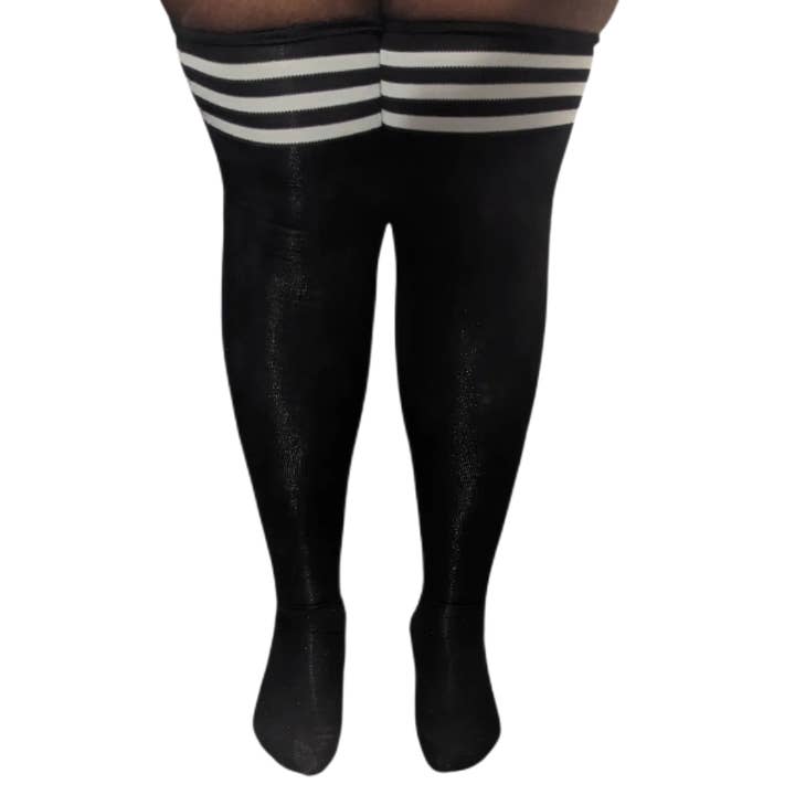 Bas de compression noirs à rayures jusqu'aux cuisses pour la vente par Bibipins