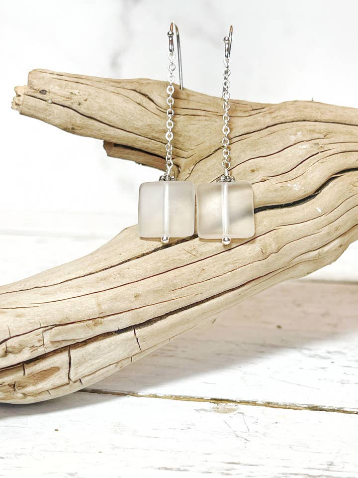 White Sea Glass Square Earrings for wholesale by Rage Gems & Jewelry