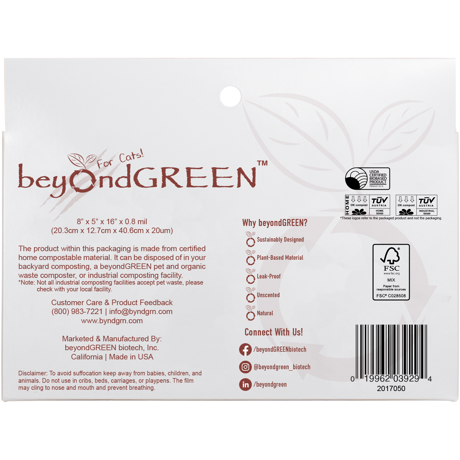 beyondGREEN biotech, Inc. - Vente Sac à déjections canines - Sacs de litière végétale régulière pour chats avec poignées – 50 unités3