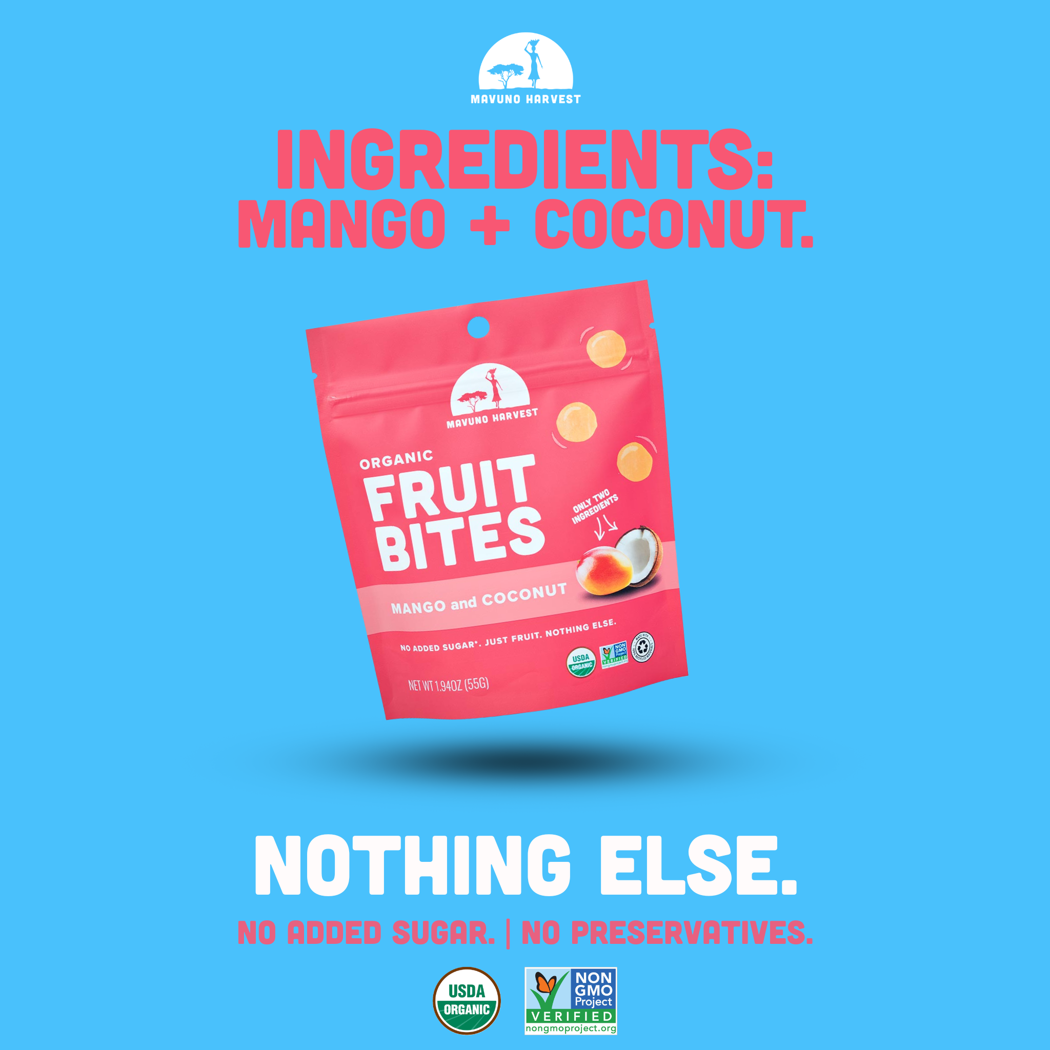 Mavuno Harvest Organics - Vente Fruits secs/déshydratés - Bouchées de fruits biologiques : Mangue & Noix de coco, boîte de 8 unités2