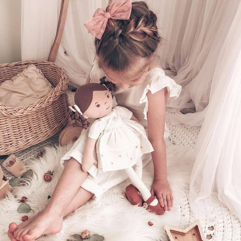 Tikiri Toys LLC - Wholesale Doll - Kids - Cecilia Dk. Brown Hair in Cream Linen Dress with Display Box4