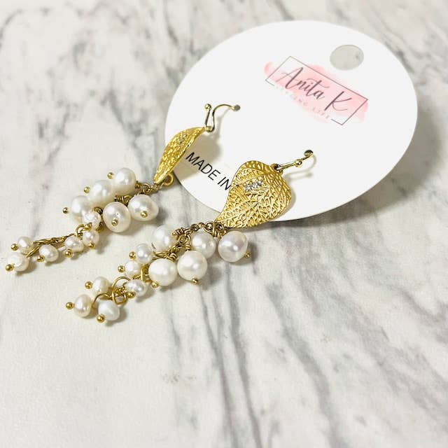 Anita K By Blushing Pink - Wholesale Dangle Earrings - Brass Leaf with Freshwater Pearl Cluster Drop Earring1