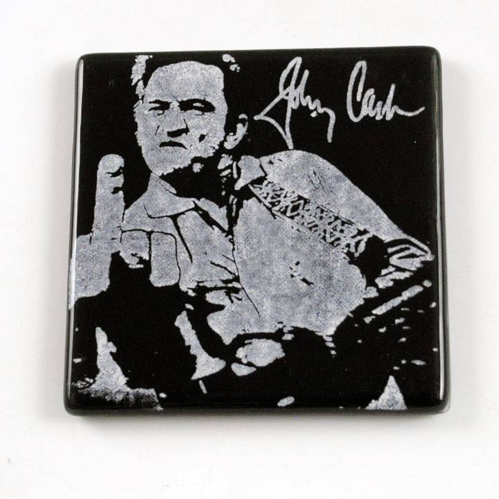 Johnny Cash (middle finger) Fused Glass 4" Single Coaster for wholesale by Kiku Handmade | Contemporary Fused Glass Home Goods