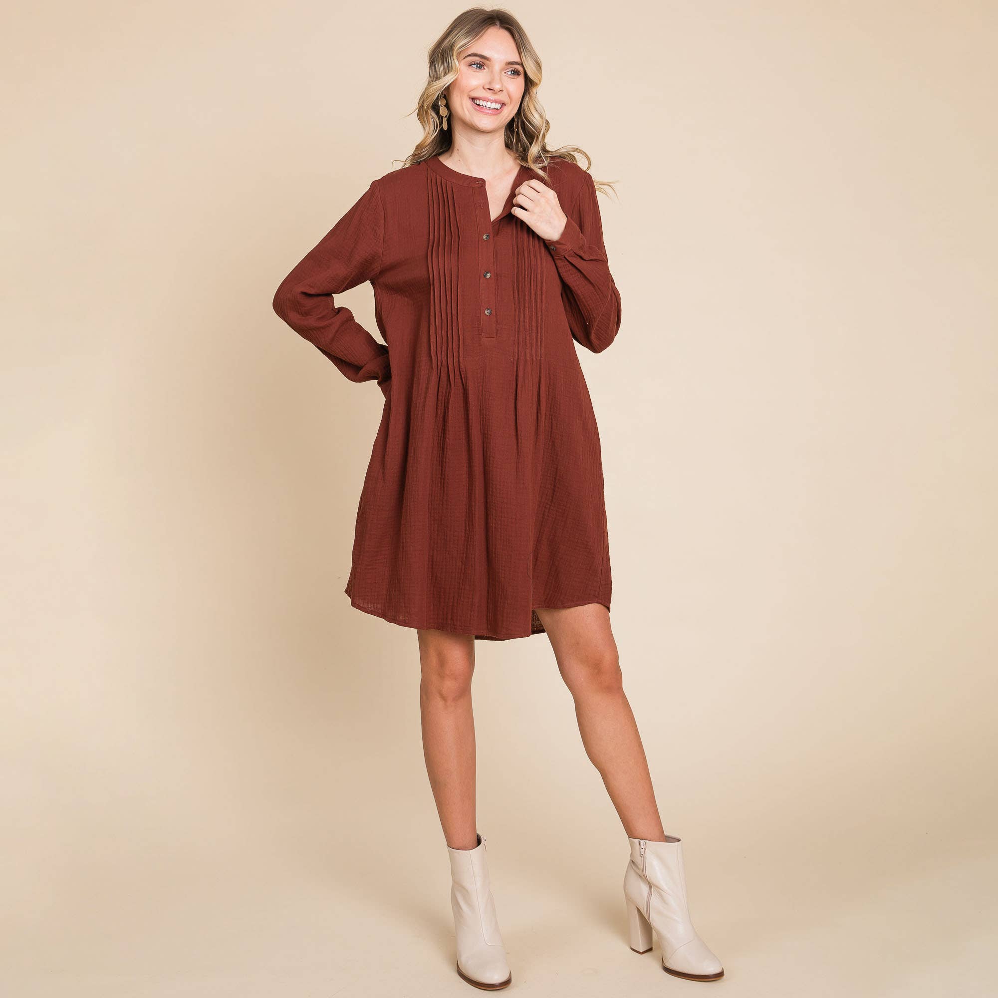 ROLYPOLY - Vente Robe – femme - Robe tunique en coton double gaze manches longues style henley24