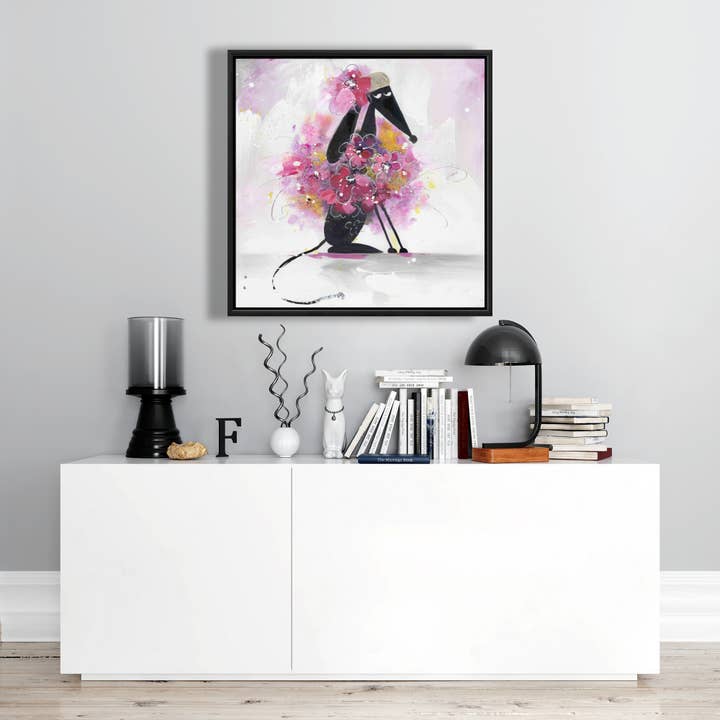 Vit Tecknad hund med rosa | inramat tryck på duk 24 ”x 24" för wholesale på Faire