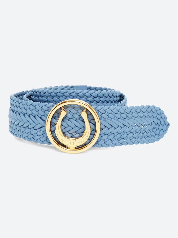 Men's Lucky Belt in Sky Blue, Polished Gold-toned Horseshoe Buckle for wholesale by Gaucho Buenos Aires