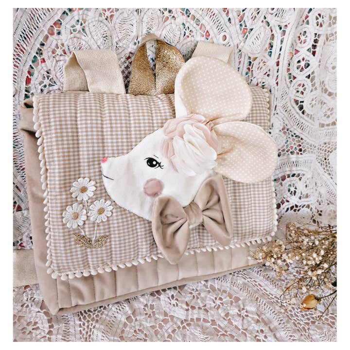 Kleuterschool rugzak muis in beige fluweel en vichy. voor wholesale door Isathena
