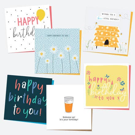 Dotty About Paper – wholesale Birthday card – Birthday Cards For Him & For Her - Mixed Flowers & Typography - Pack of 67