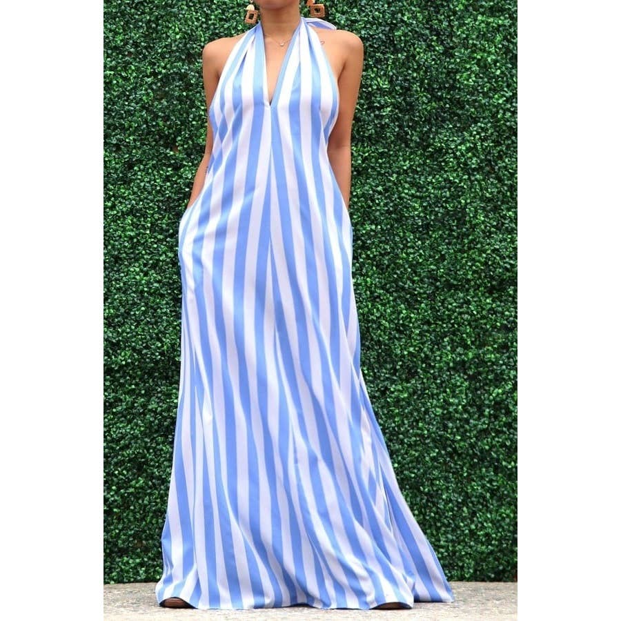 Esmeray Clothing - Wholesale Dress - Women's - Striped Halter Neck Maxi Dress with Side Pocket9