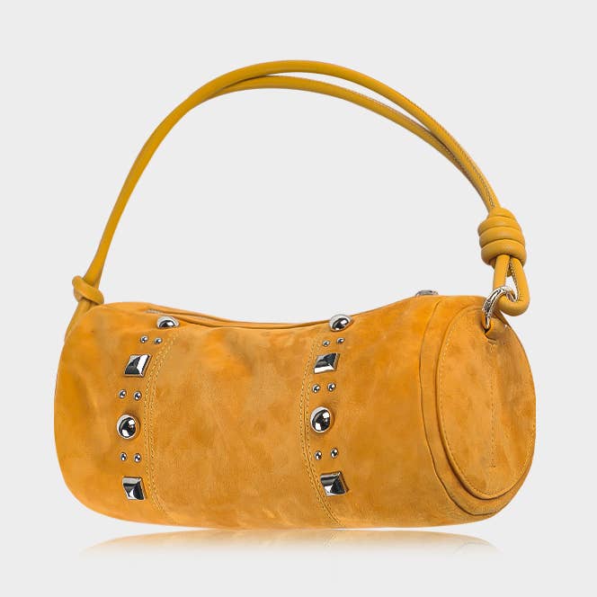 Cilindervormige Schoudertas met Klinknagels van Koe Suède Leer voor wholesale door WANACCESSORY