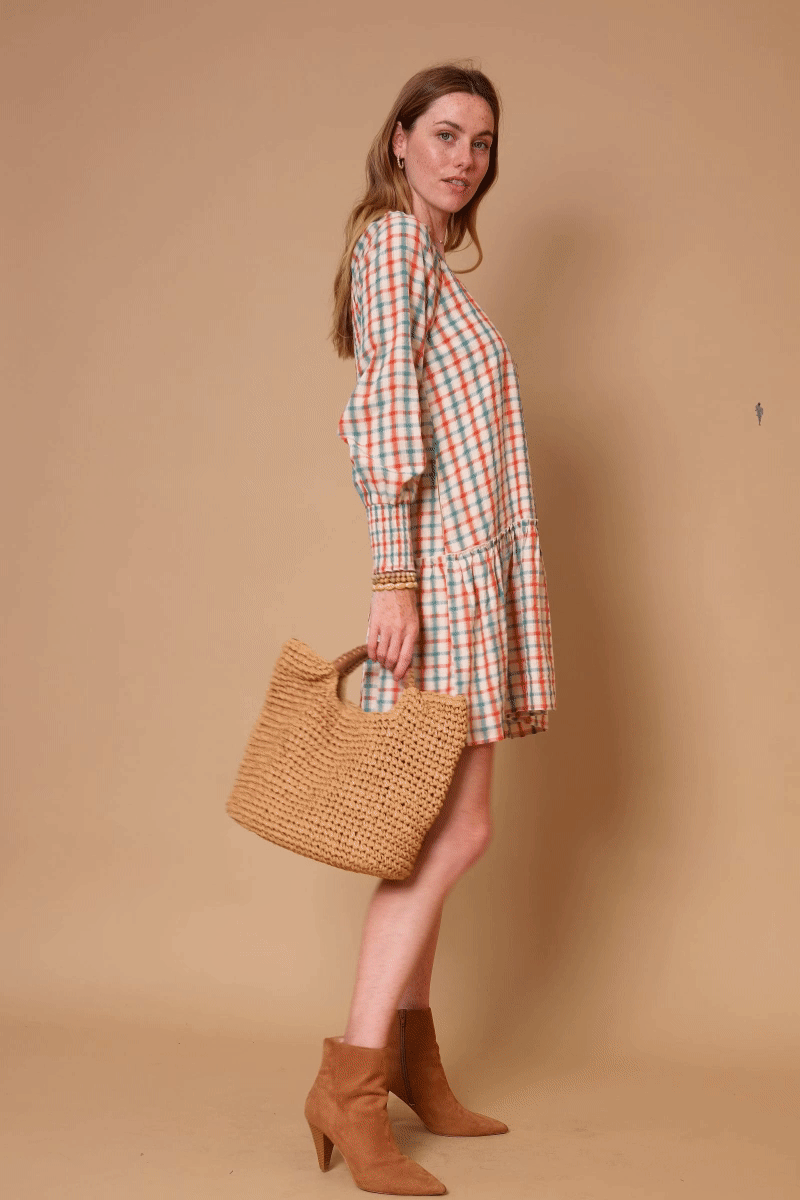 Rust Mix Womens Linen Blend Textured Smock Cuff Dress for wholesale on Faire1