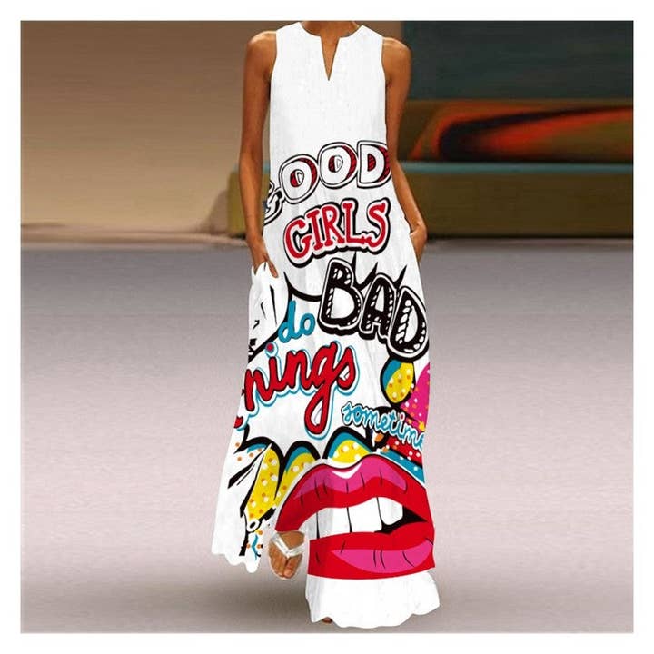 UZ Wholesale Store - Wholesale Dress - Women's - Vintage Sleeveless V-Neck Letter Print Maxi Dress1