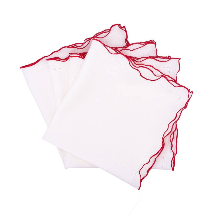 Linen Napkins With Red Ruffled Hemstitch Edges, Set of 4 for wholesale by Chouchou Touch