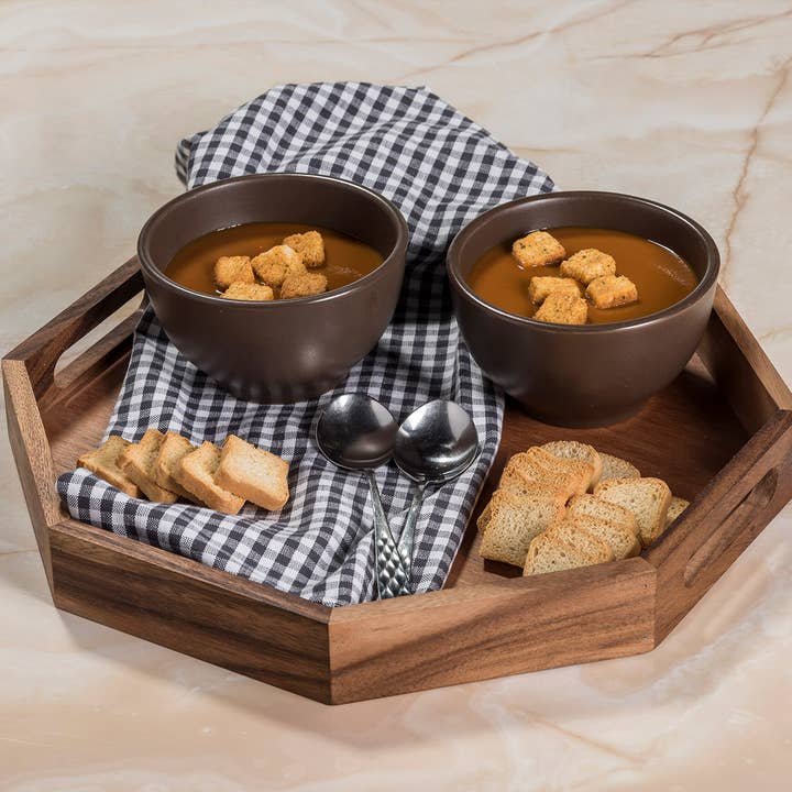 Acacia Wood 15" Octagon Serving Tray – Rustic Natural Finish for wholesale by Kalmar Home