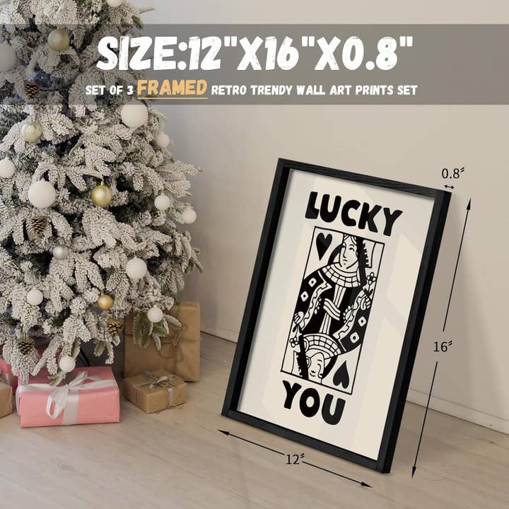 Black Framed Set of 3 Poker Wall Art Lucky You Poster, Trendy Retro Print Wall Decor for Queen of Hearts Wall Art Rustic Vintage Farmhouse Home Wall Decor(Black 12"X16") for wholesale on Faire