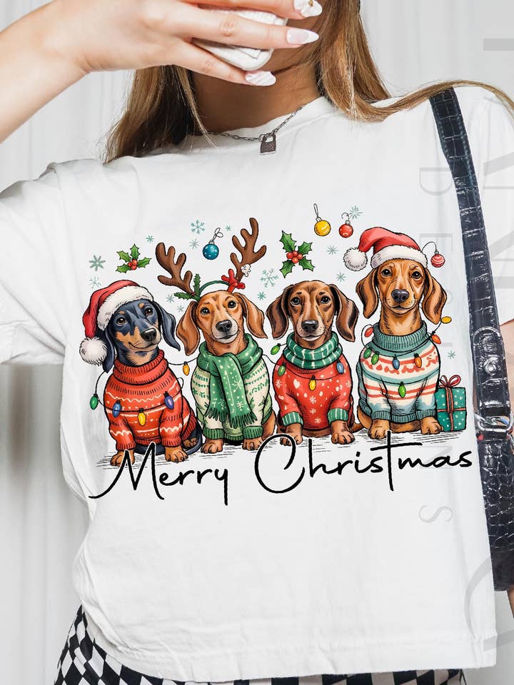 DLT Ecommerce - Wholesale T-Shirt (Graphic) - Women's - Merry Christmas Dachshund Shirt, Cute Sausage Dog Sweater1