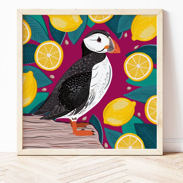 Papageientaucher und Zitronen für den Großhandel von Bea Baranowska Illustration