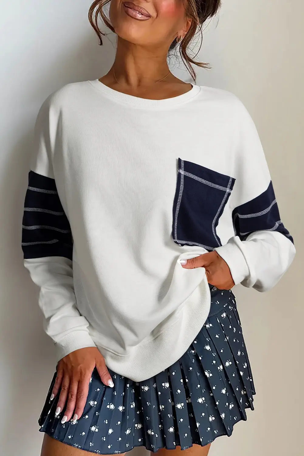 White Exposed Seam Detail Color Block Patch Pocket Sweatshirt for wholesale on Faire0