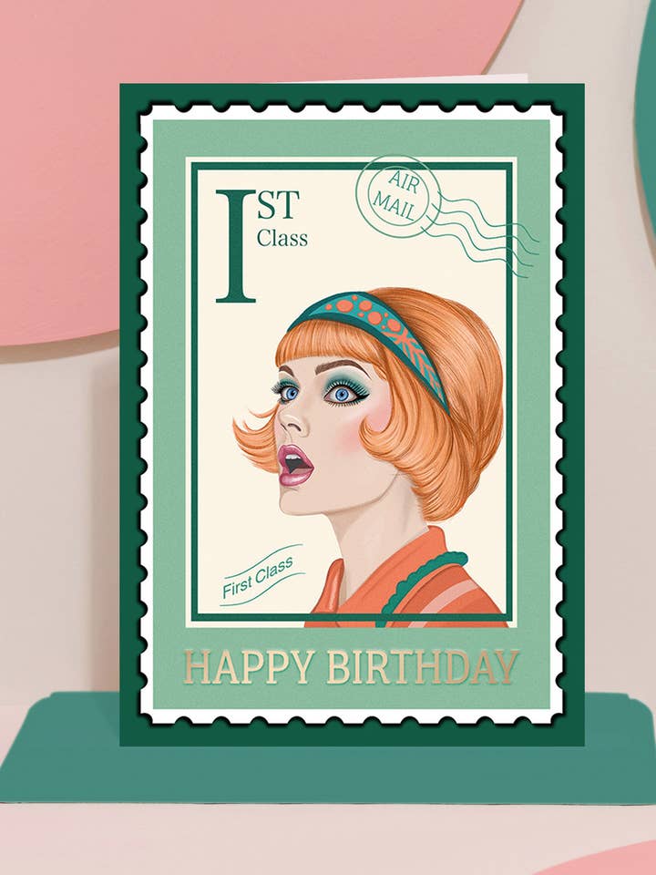 Vintage Retro Postage Stamp foil Birthday Card | The Katie for wholesale by Pink and Mint Design