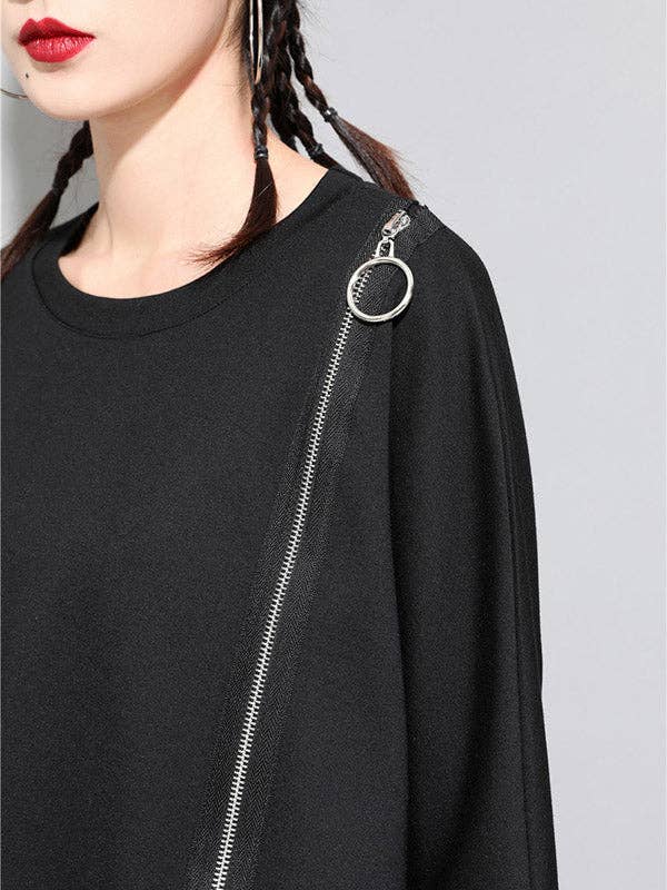 Sheer Trend - Wholesale Tunic - Women's - Black&White Asymmetric Zipper Split-Joint Loose T-Shirt Tops5