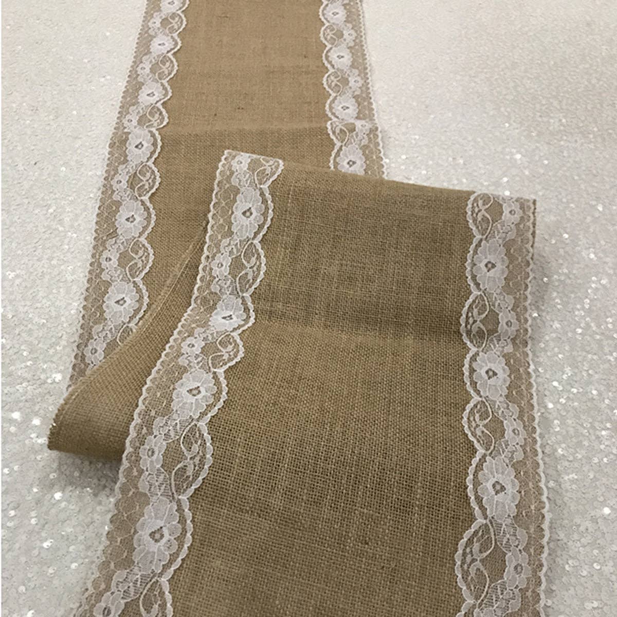 YOUR CHAIR COVERS - Wholesale Table Runner - 14 X 108 Inch Jute Burlap Table Runner with White Lace Edges4