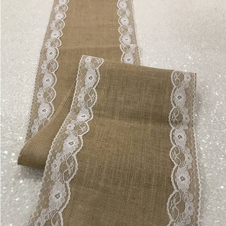 YOUR CHAIR COVERS - Wholesale Table Runner - 14 X 108 Inch Jute Burlap Table Runner with White Lace Edges4
