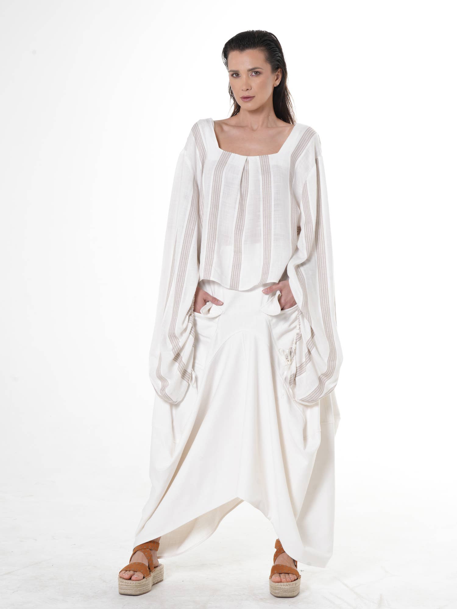 Metamorphoza – wholesale Blouse – Women’s – Boho Top With Oversize Sleeves On Light Stripes 0