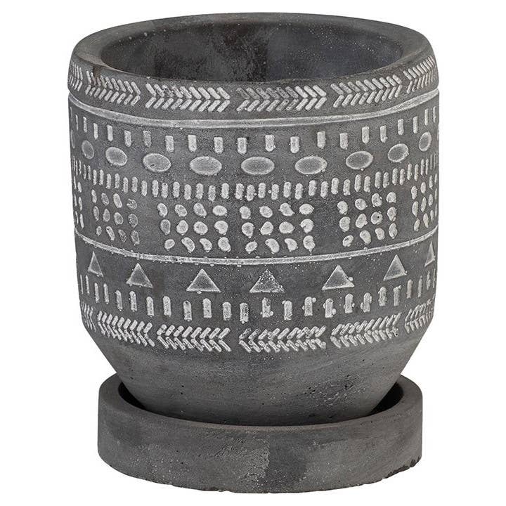 Dark Gray Cement Pot with Tribal Design & Saucer - 5" for wholesale by Will's Company