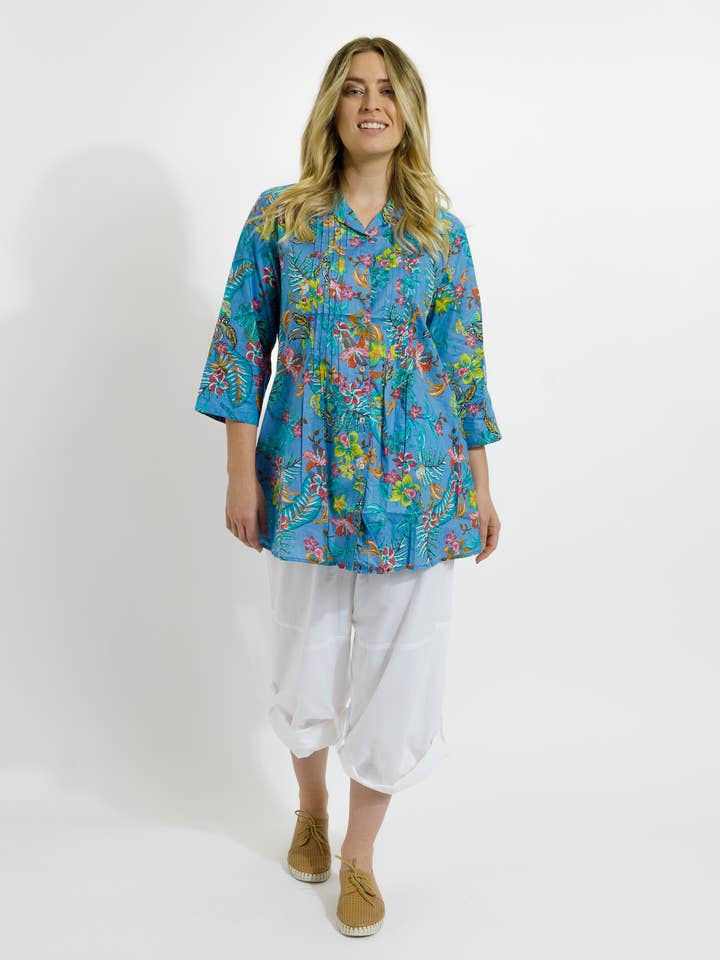 Maroochy Collared Shirt in Blue Garden for wholesale by Mozaic by Euro Dreaming