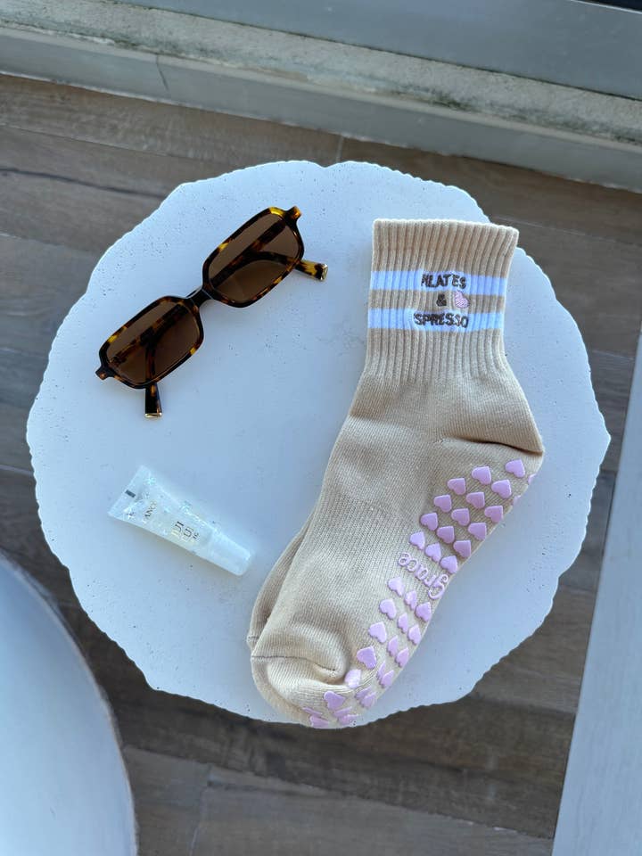 Pilates & Espresso tan grip sock with pink heart grips for wholesale by MollyGraceGripSocks