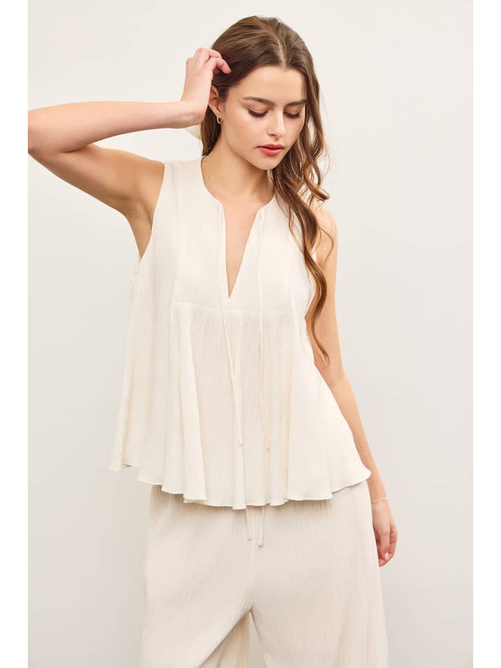 LINEN V NECK TIED FRONT SLEEVELESS TOP for wholesale on Faire