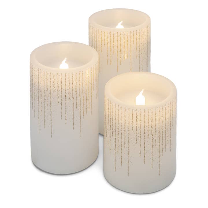 EAST AVENUE - Wholesale Flameless candle - Raindrop Gold Tone Glitter 6 inch Flameless Candles Set of 3