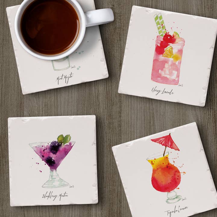 Conimar Promotions - Wholesale Coasters - Drinks Splash 4pk Assorted Tumbled Tile Coasters 4