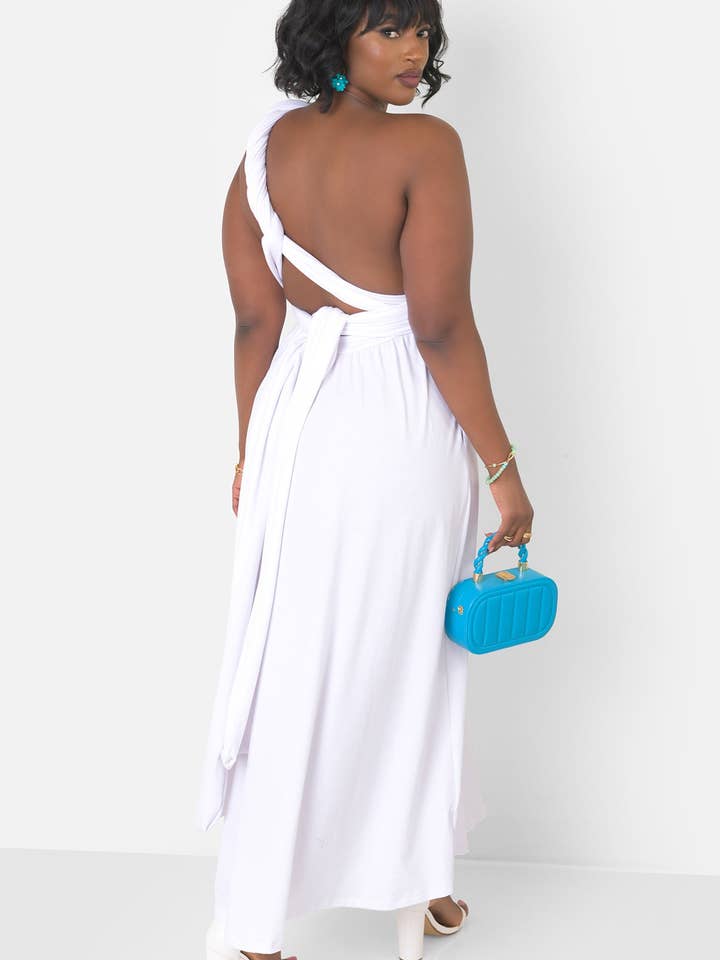 White Dreamy Sleeveless V Neck Multiway Skater Maxi Dress W. Pockets for wholesale on Faire10