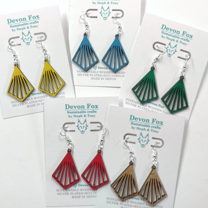 Wooden Geometric Earrings Deco Fan - Handmade in Devon for wholesale by Devon Fox
