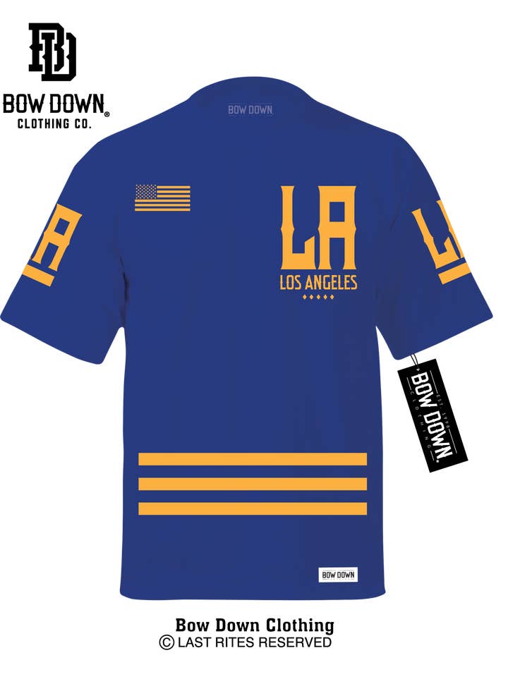 Los Angeles Jersey - Goud op koningsblauw T-shirt voor wholesale door Bow Down Clothing