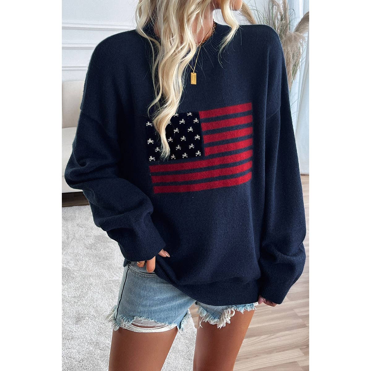 Supreme Fashion – wholesale Knitted jumper – Women′s – Knit Round Neck Flag Print Loose Fit Sweater9