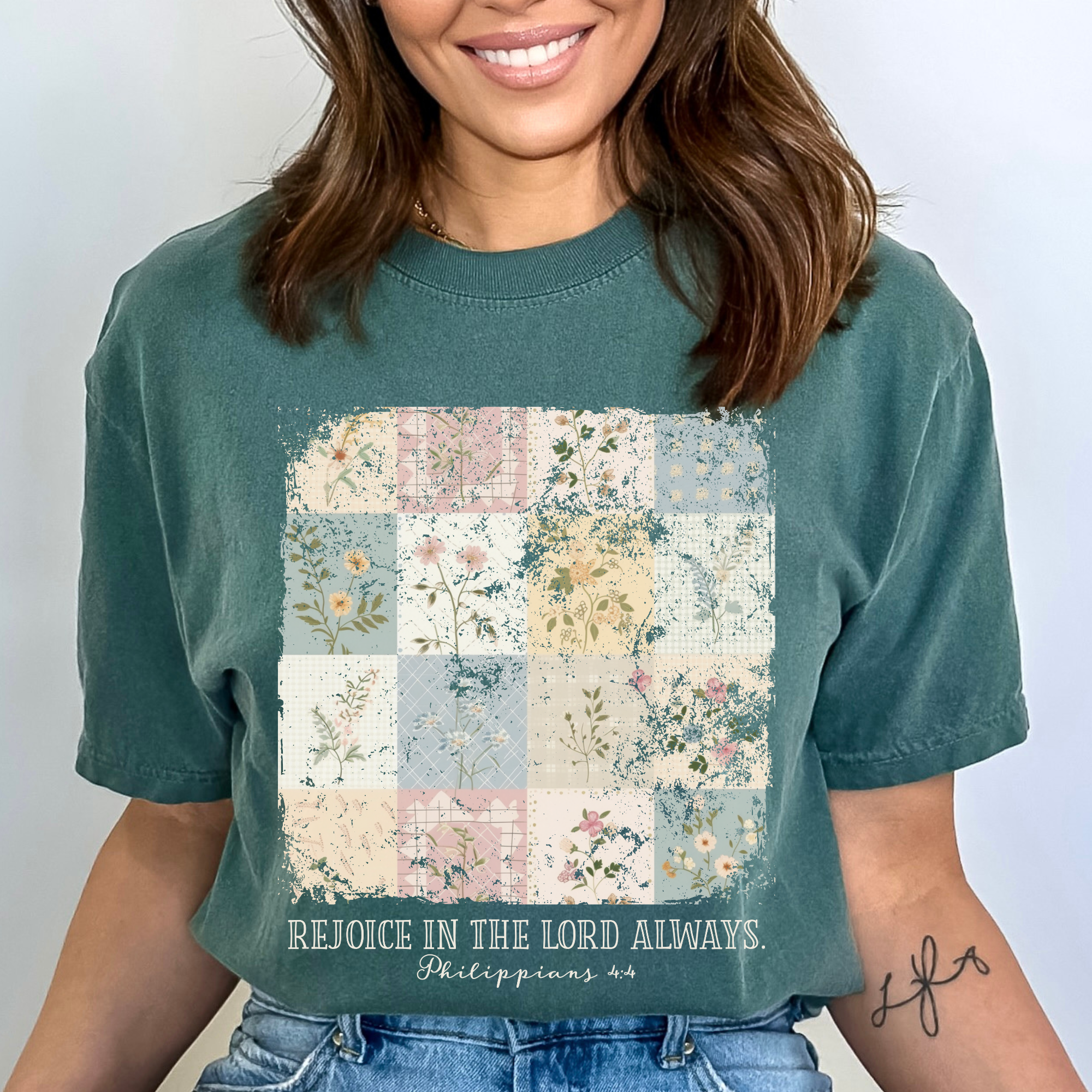 Scripted Pearl - Wholesale Screen Printed T-Shirt - Women's - Rejoice In The Lord Always Vintage Floral Comfort Colors Tee4