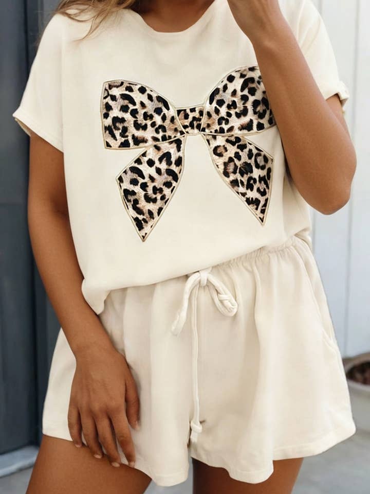 LAS-LIVE Leopard Bow Tee Drawstring Short 2pcs Outfit (S-XL) for wholesale by LA Society