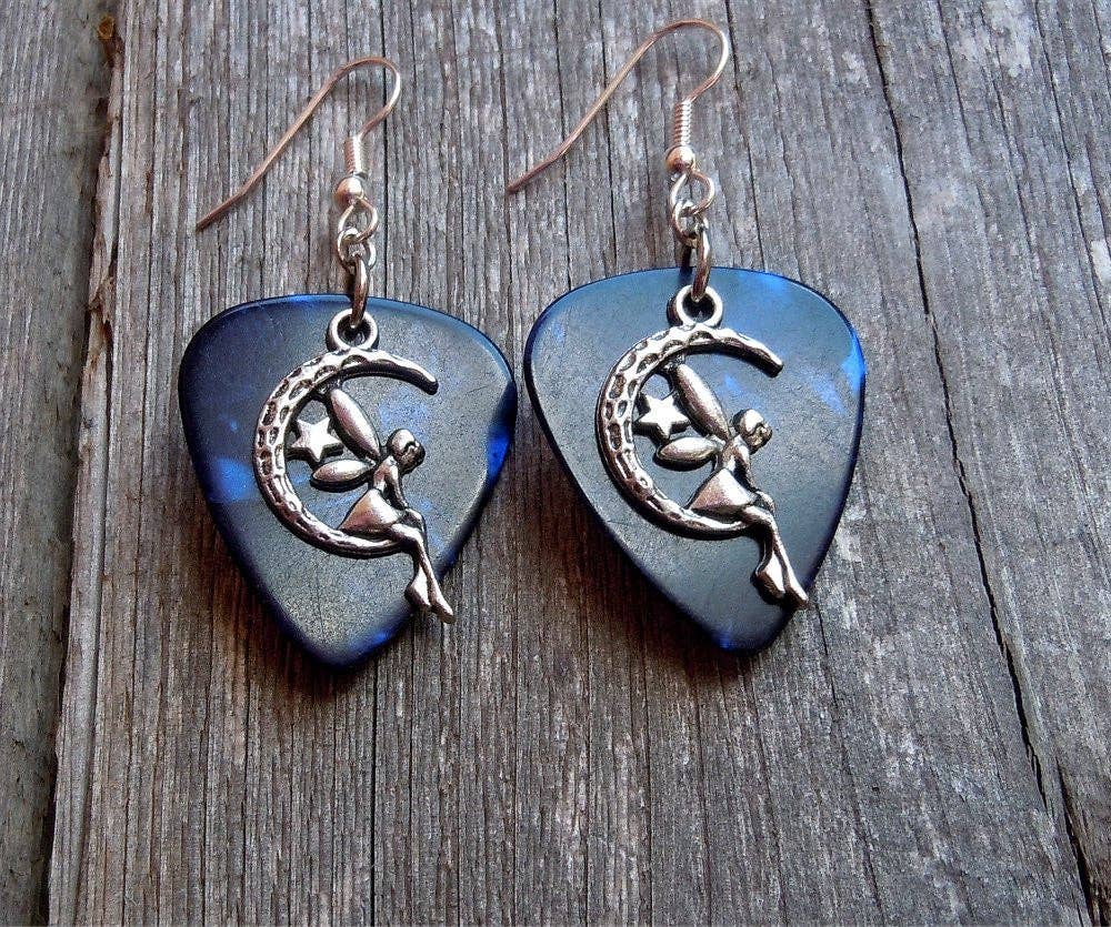 Simply Raevyn - Wholesale Dangle Earrings - Fairy on the Half Moon Charm Guitar Pick Earrings1
