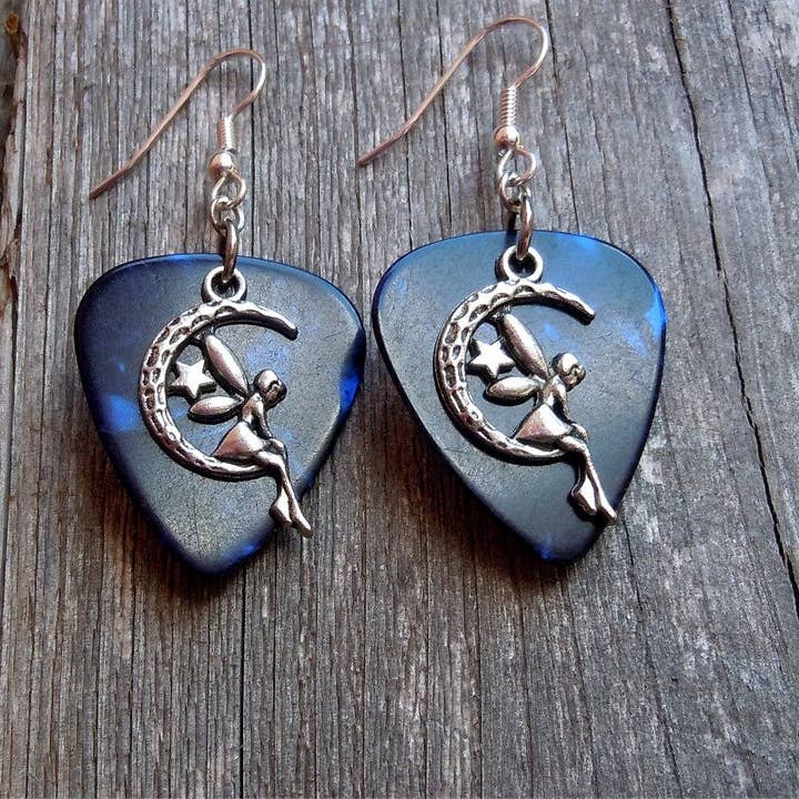 Simply Raevyn - Wholesale Dangle Earrings - Fairy on the Half Moon Charm Guitar Pick Earrings1