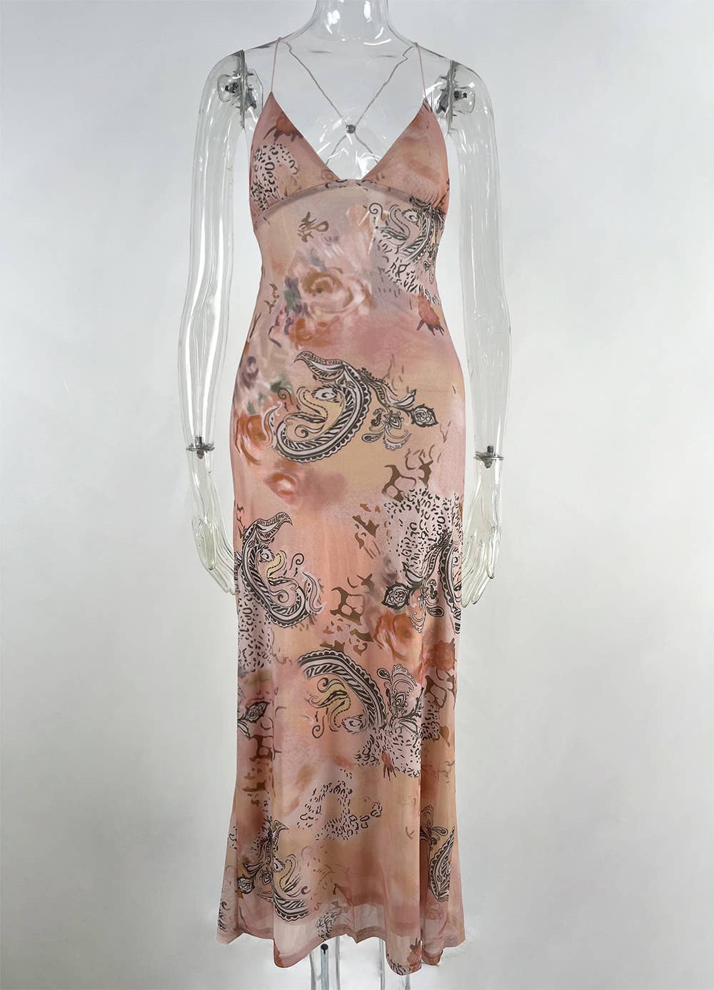HIDDENBRAND - Wholesale Dress - Women's - Boho unique print sheer Mesh Butterfly Back Maxi Dress0