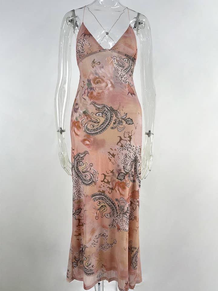 HIDDENBRAND - Wholesale Dress - Women's - Boho unique print sheer Mesh Butterfly Back Maxi Dress
