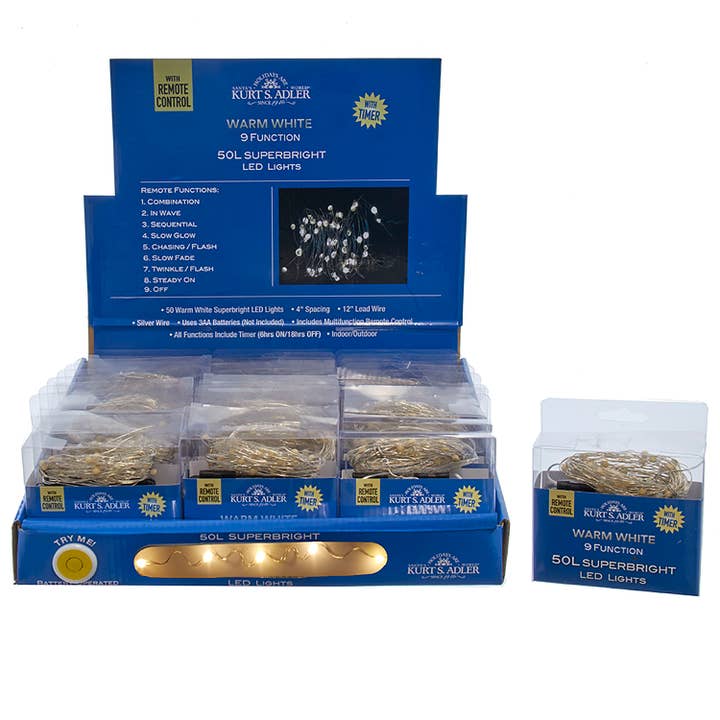Kurt S. Adler, Inc. - Wholesale String Lights - B/O 50/L WW LED LIGHTS+MULTI FNCTN+REM1