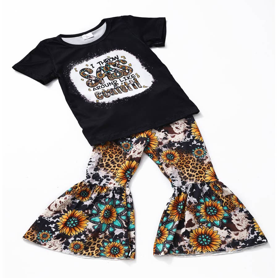 Girls Leopard Sunflower Heart Ruffled Top and Bell Bottom Jeans Set