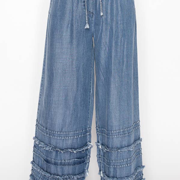 Boho Tiered Chambray Wide Leg Palazzo Pants-OLS-4890SW DENIM for wholesale by Origami Apparel ~ Lace and Crochet inspired