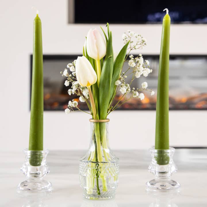 Olive Green Taper Candles & Glass Candle Holder Set | 2 Candle Set for wholesale by Qube Luxe by Debbie Marks
