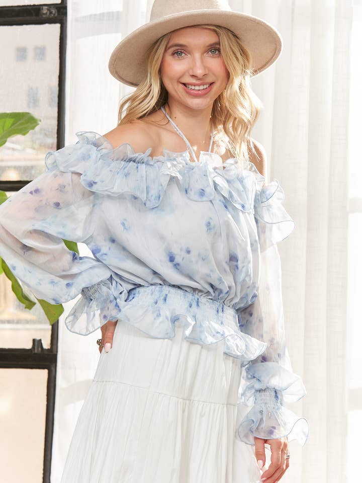 BLOUSE À VOLANTS ÉPAULE DÉNUDÉE - LET3974 pour la vente par Madelyn