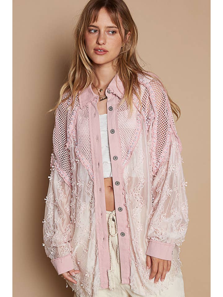 Pol Clothing - Wholesale Button Down Shirt - Women's - See through crochet patch peral trim button down shirt