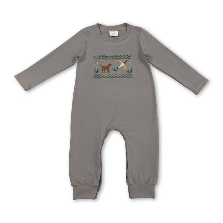 Grey long sleeves hunting dog duck baby boy romper for wholesale by Yawoo Garments